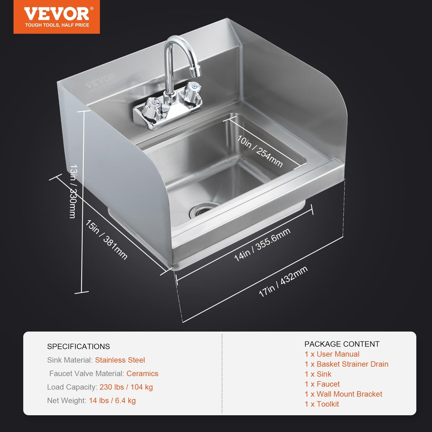 VEVOR Commercial Hand Sink 17x12.8 inch Stainless Steel Sink with Faucet & Side Splash, Wall-Mount Small Hand Basin for Restaurant, Kitchen, Bar, Garage, Home