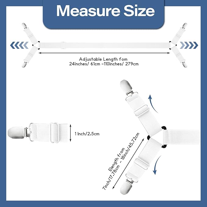 CHRORINE Bed Sheet Holder Straps Adjustable Sheet Fasteners Clips Keep Bedding Stays in Place, 6 Pcs/Set, White