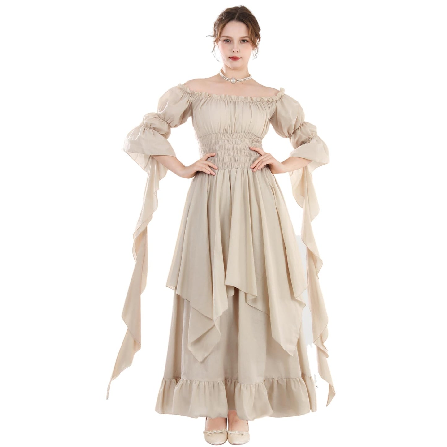 NSPSTT Victorian Dress Renaissance Costume Women Gothic Witch Dress Medieval Wedding Dress Beige S/M