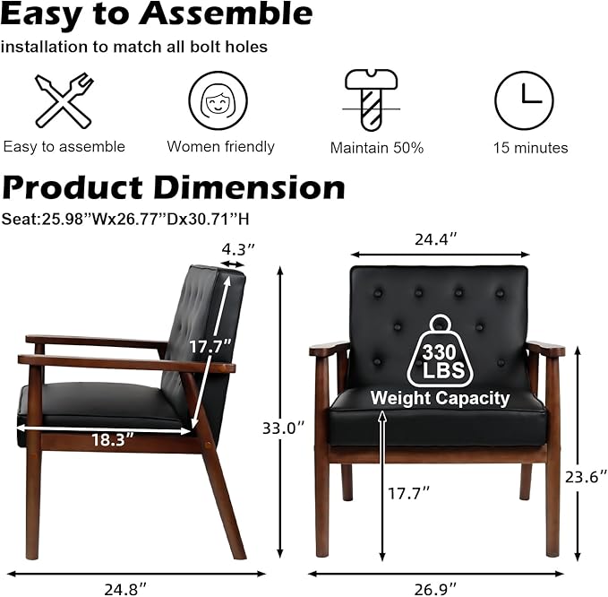 STHOUYN Mid Century Modern Chair, PU Leather Accent Chair Set of 2 with Wood Arms, Living Room Chairs, Reading Armchair for Bedroom, Waiting Room, Office (2, Black 1)