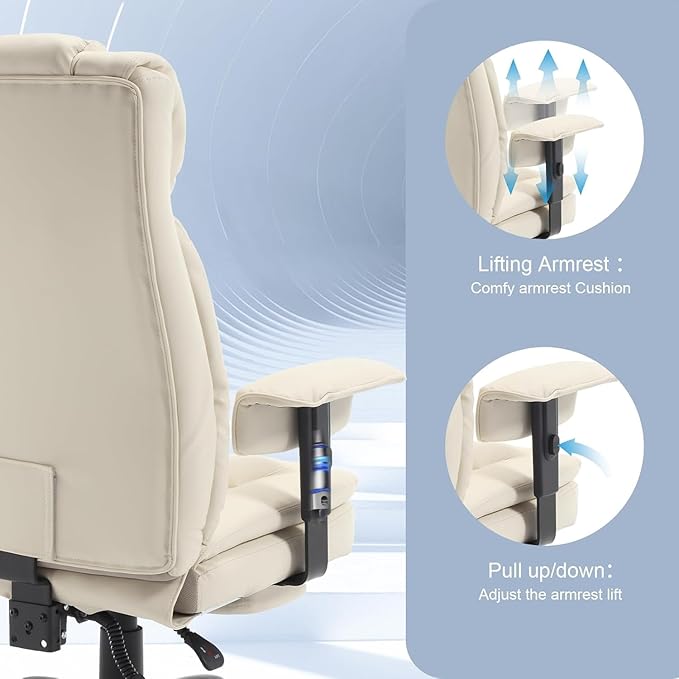 Reclining Office Chair with Footrest, 400Lb Big and Tall Office Chairs High Back Executive Computer Gaming Chairs with Wide Seat Pu Leather Recliner Home Desk Chairs for Adult,Beige