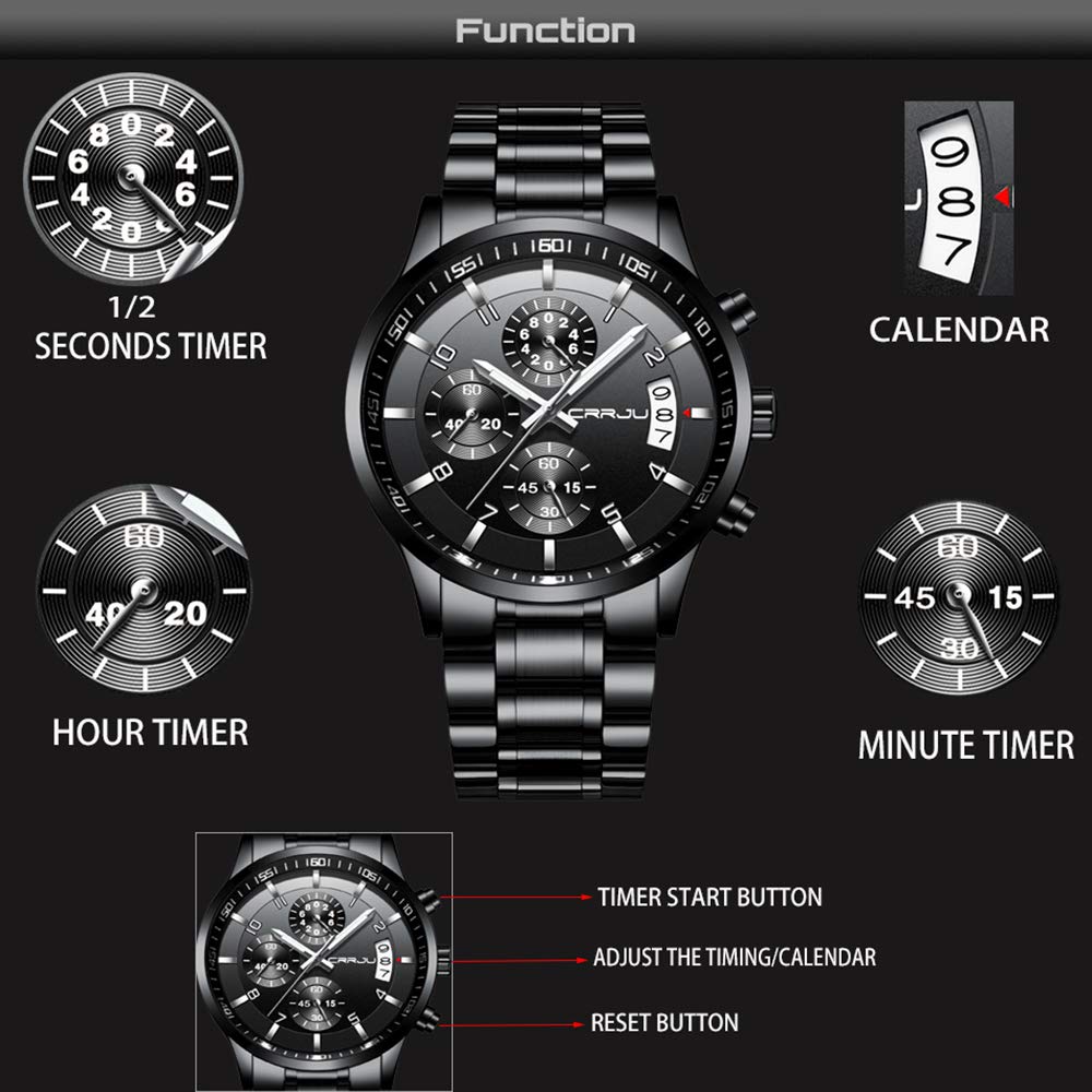 CRRJU Men's Black Watch Fashion Business Chronograph Quartz Wristwatches,Luxury Stainsteel Steel Band 3ATM Waterproof Watch for Men