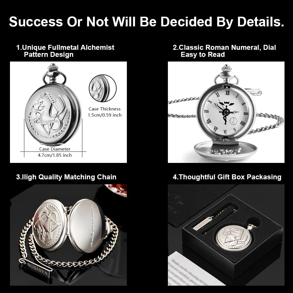 BOSHIYA Fullmetal Alchemist Pocket Watch with Chain Vintage Quartz Pocket Watch for Cosplay Accessories Anime Merch