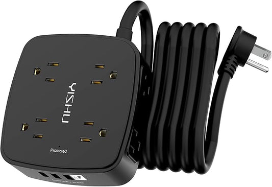 10 Ft Surge Protector Power Strip - 8 Widely Outlets with 4 USB Ports, 3 Side Outlet Extender with 10 Feet Extension Cord, Flat Plug, Wall Mount, Desk USB Charging Station, ETL, Black