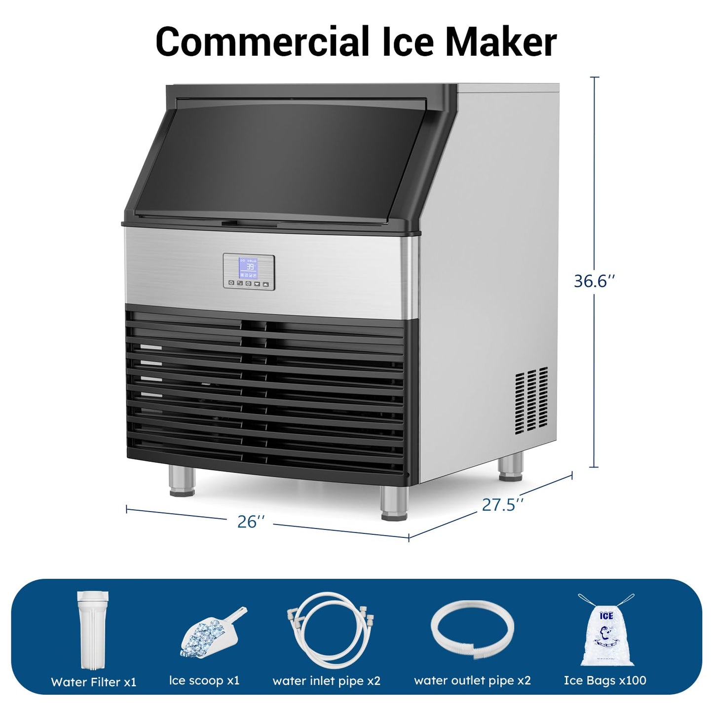 Commercial Ice Machine, 450LBS/24H Ice Maker with 120 LBS Storage, Ice Ready in 8-15 min, Under Counter Ice Machine, Commercial Ice Machine Maker for Restaurant/Bar/Cafe/Business