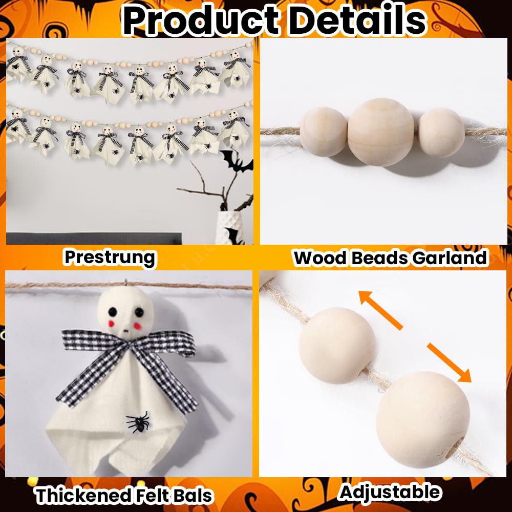 Vellibring 8.2Ft Halloween Ghost Garlands Decorations,Cute Fabric Ghost Banner with Wooden Beads Halloween Rustic Hanging Ghost Garlands for Room Indoor Party Wall Fireplace Doorway Decor