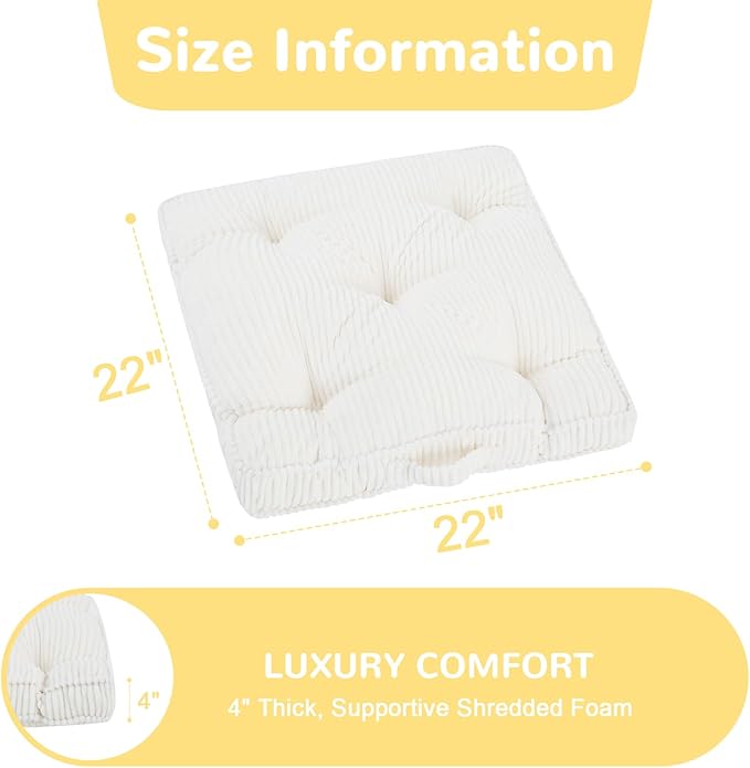 PRIMEPATIO Square Floor Pillow for Adults, Tufted Floor Cushion for Sitting, Large Meditation Cushion, Thick Corduroy Seat with Handle, Tatami Seating for Yoga, 22x22 Inch Beige, 2Pack