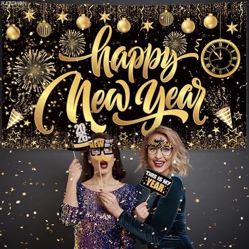 KatchOn, New Years Eve Party Supplies 2026 Set - Pack of 48 | Black and Gold Happy New Year Banner, New Year Photo Booth P...