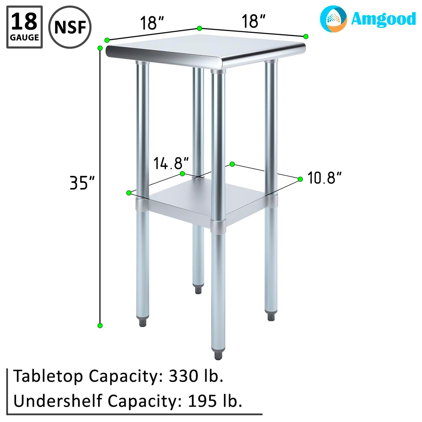 AmGood 18 in. x 18 in. Stainless Steel Work Table | Metal Kitchen Food Prep Table | NSF