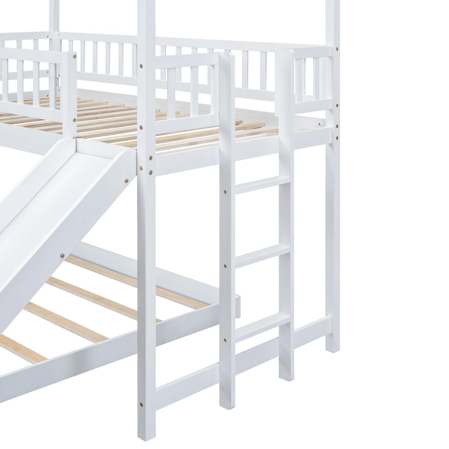 SOFTSEA Wooden House Bunk Bed with Slide and Built-in Ladder, Twin Over Full Wooden Bunk Bed Frame with Full-Length Guardrail, for Girls Boys Bedroom, No Box Spring Needed, White