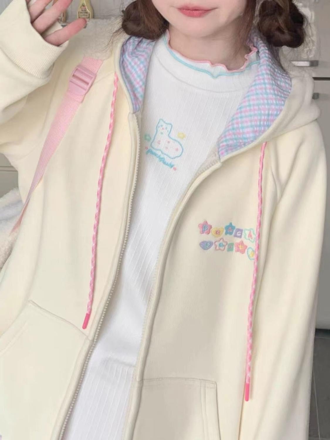 CEINOM Women Kawaii Zip Up Hoodie Y2K Girly Cute Hooded Jacket Oversize Japanese Harajuku Sweet Embroidery Outerwear Hoodies (Beige,Medium,Medium)