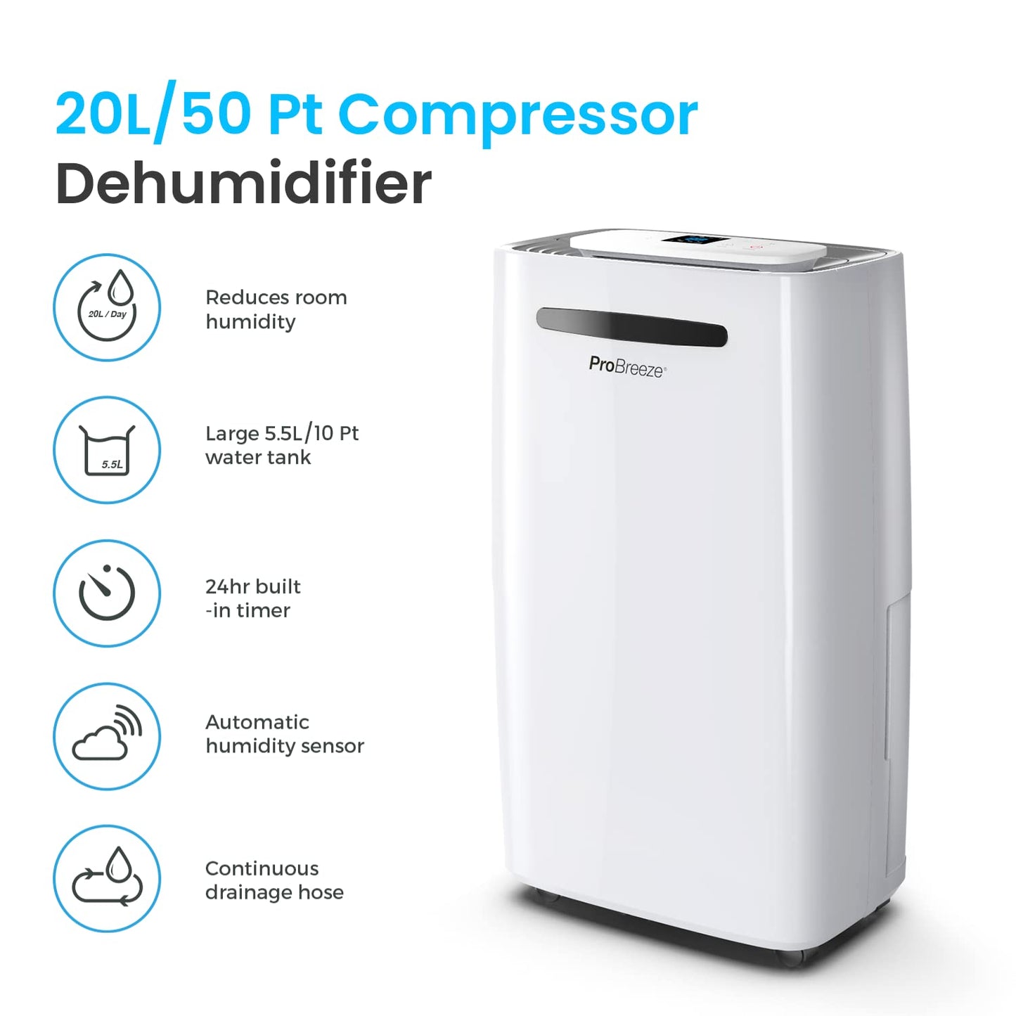 Pro Breeze 50 Pint Dehumidifier - 3,500 4,000 Sq Ft Dehumidifiers for Home Large Room Basements with Humidity Sensor, Auto Shut Off, Continuous Drainage Hose, Removes Moisture, Ideal for Basement