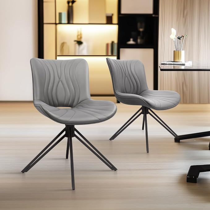 VATROS Dining Chairs Set of 4, 360° Swivel Upholstered Mid-Century Modern Kitchen Dining Room Chairs, Armless Faux Leather Accent Side Chair with Padded Back, Metal Legs for Living Room Bedrooms,Grey