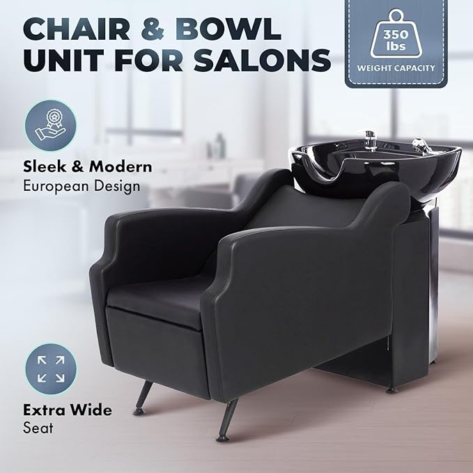Buy-Rite Oasis Shampoo Backwash Station for Salons - All-Black Chair & Extra-Large Bowl Combo, Single Lever Hot/Cold Faucet, Lumbar Support, Vacuum Breaker, 56"x20"x33.5", TS-8076-BLK