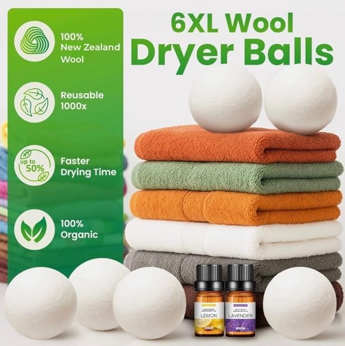 SEREN Dryer Balls Laundry Reusable 6-Pack with Essential Oils for Dryer Wool Balls, Organic New Zealand Wool Dryer Balls Essential Oil Lavender Scent and Lemon Scent, Plastic-Free, Eco-Friendly
