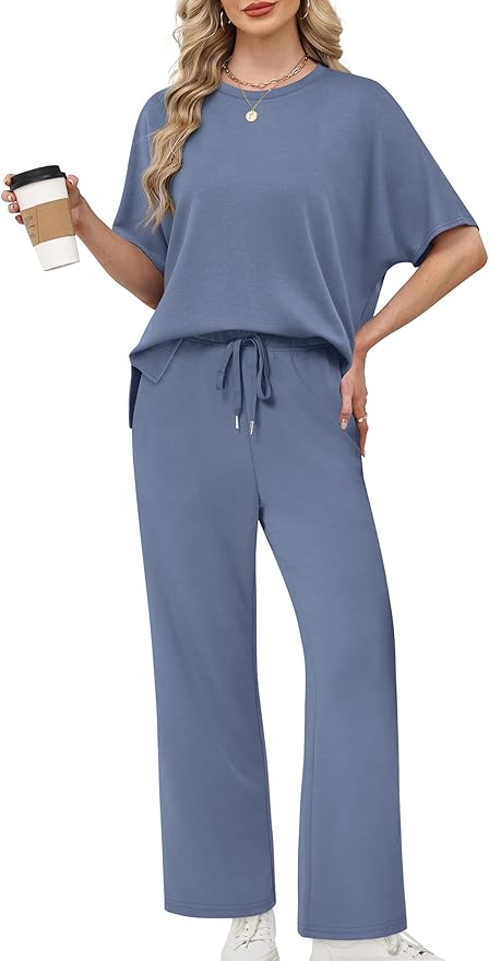 XIEERDUO Women's Side Slit Lounge Sets 2 Piece Travel Outfits Airport Tracksuit Oversized Wide Leg Loungewear S-3XL