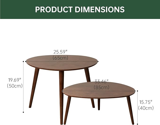 Vadisun Small Oval Nesting Table, Mid Century Coffee Tables for Living Room,Solid Oak Wood Side Table,Triangle Tabletop with 3 Legs,Minimalist Display End Tables (Walnut Color, Combine)