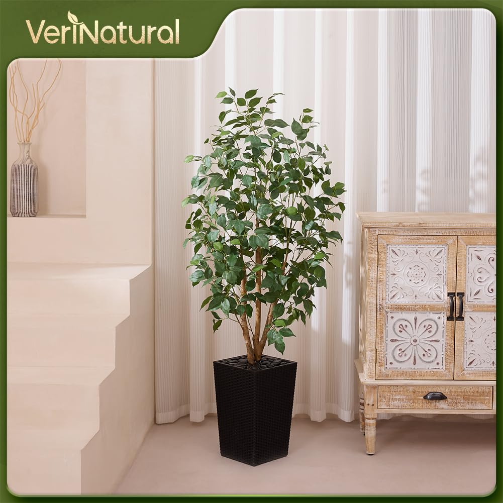 VeriNatural 5ft Artificial Ficus Tree,Tall Faux Tree with Silk Leaves & Real Wood Trunk,UV Resistant Potted Fake Plant with Pebbles & Planter-Indoor Outdoor Floor Plant for Home,Living Room,VN129