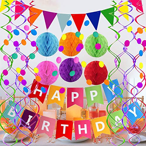 Fecedy Happy Birthday Banner With Colorful Paper Flag Bunting Paper Circle Confetti Garland Swirl Streamers Honeycomb ball...
