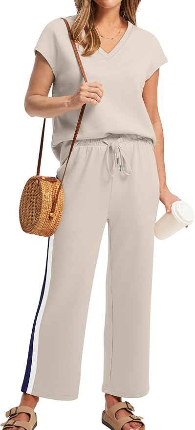 Saloogoe Two Piece Sets for Women Summer Outfits Lounge Sets V Neck Tops Wide Leg Pants Woman Vacation Travel Outfits