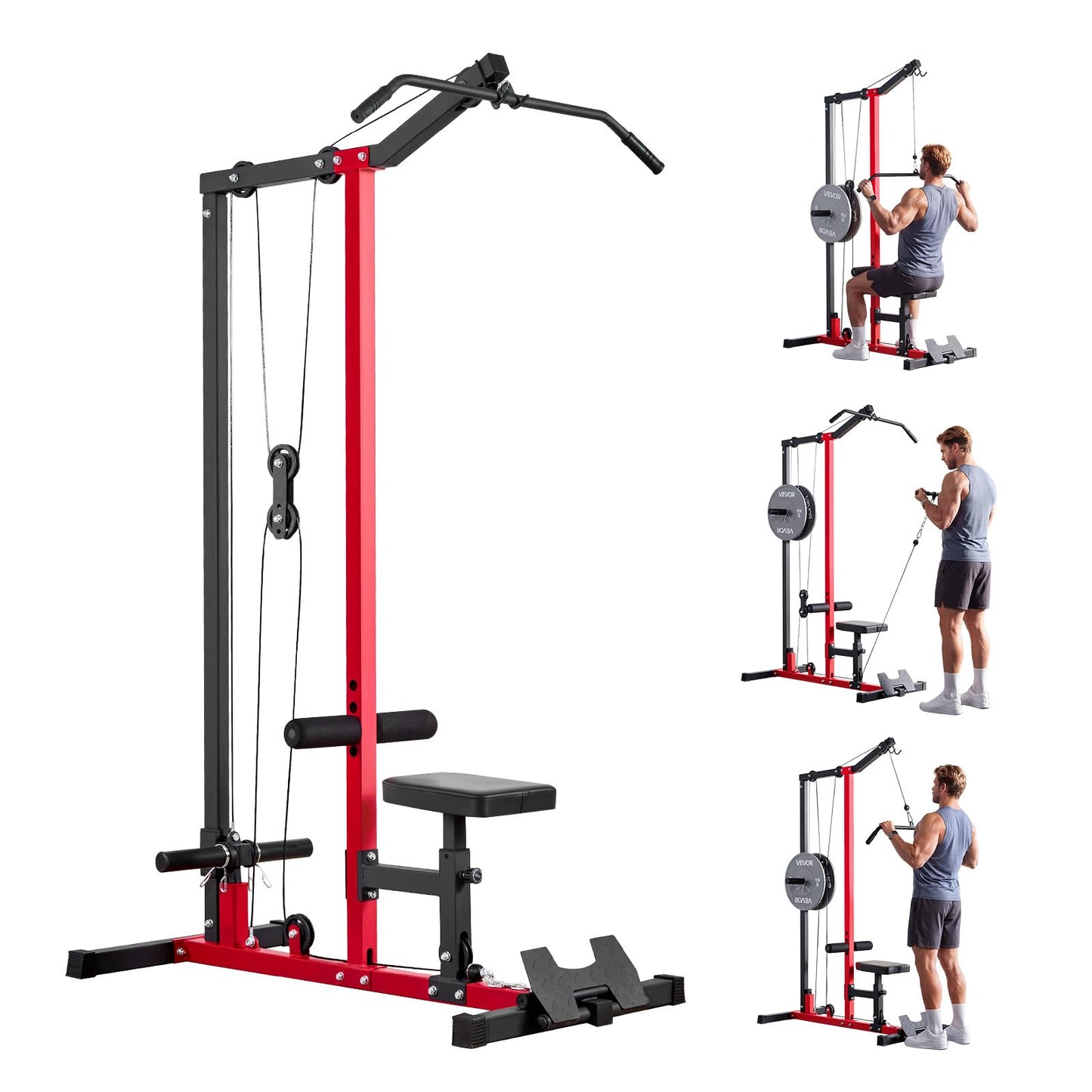 VEVOR LAT Pull Down Machine, 2-in-1 Row Cable Machine, Cable Machines Home Gym with Adjustable Seat&Height, 4-Level Adjustable Foam Roller, Load 500 lbs LAT Tower for Back, Chest, Tricep