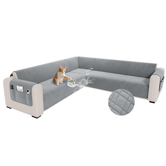 YUEVELLA Waterproof L Shaped Couch Cover for Sectional Sofa Velvet Quilted Corner Sofa Cover L Shape Furniture Protector Slipcover Set with Non Slip Straps for Pets Dogs Kids (XX-Large, Silvery Grey)