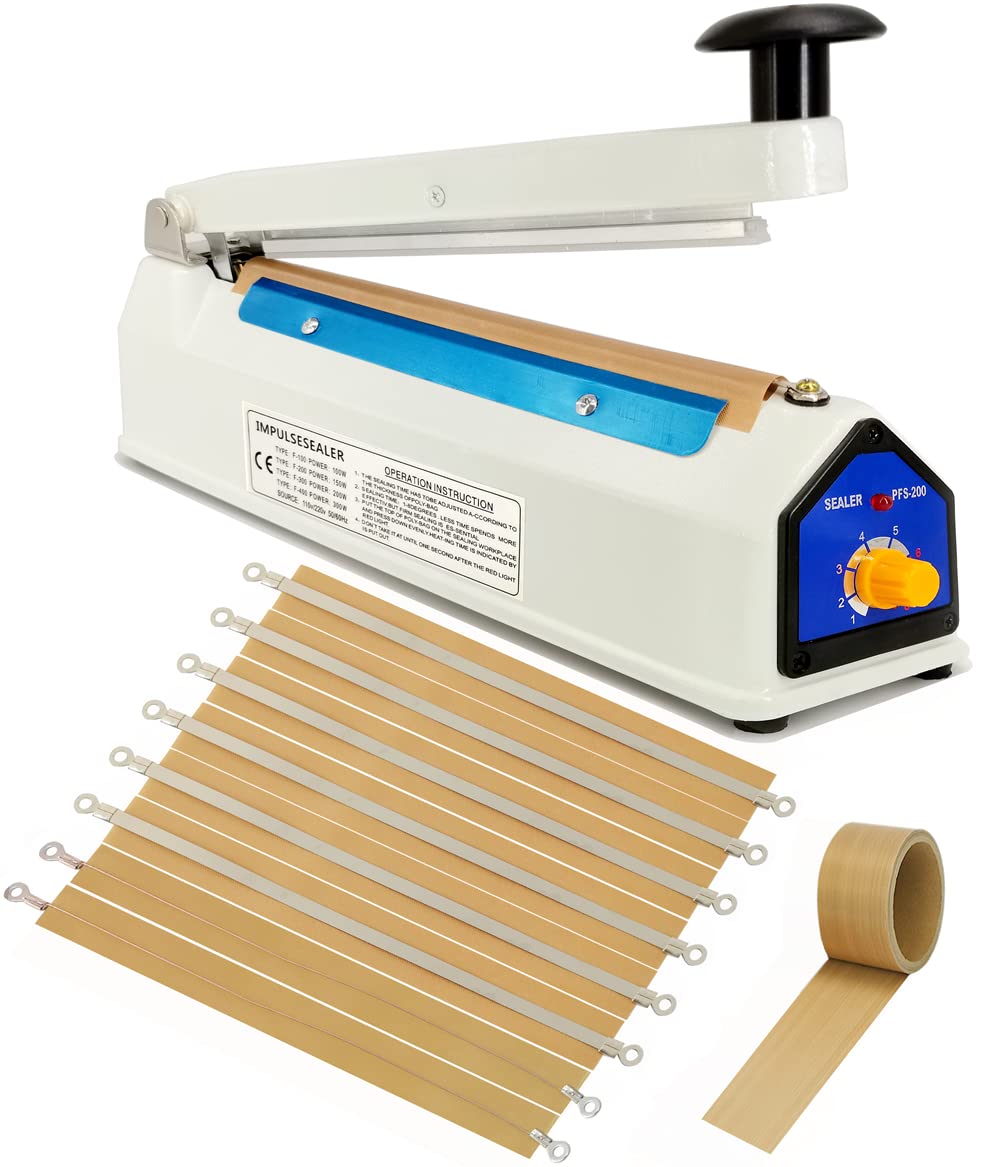 Impulse Heat Sealer 8 inch Mylar Bag Sealer, Heat Sealer for Plastic Bags, Metal Iron Shell, Impulse Sealer 3mm Sealing, Manual Hot Seal Machine with 8 Repair Kits(Included 2 Cutter Lines)