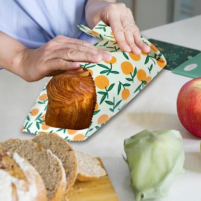 Beeswax Reusable Food Wraps for Bread & Sandwiches – Organic Cotton, Beeswax & Pine Resin Reusable Food Wrap with Multi-function brush– Eco-Friendly Kitchen Storage
