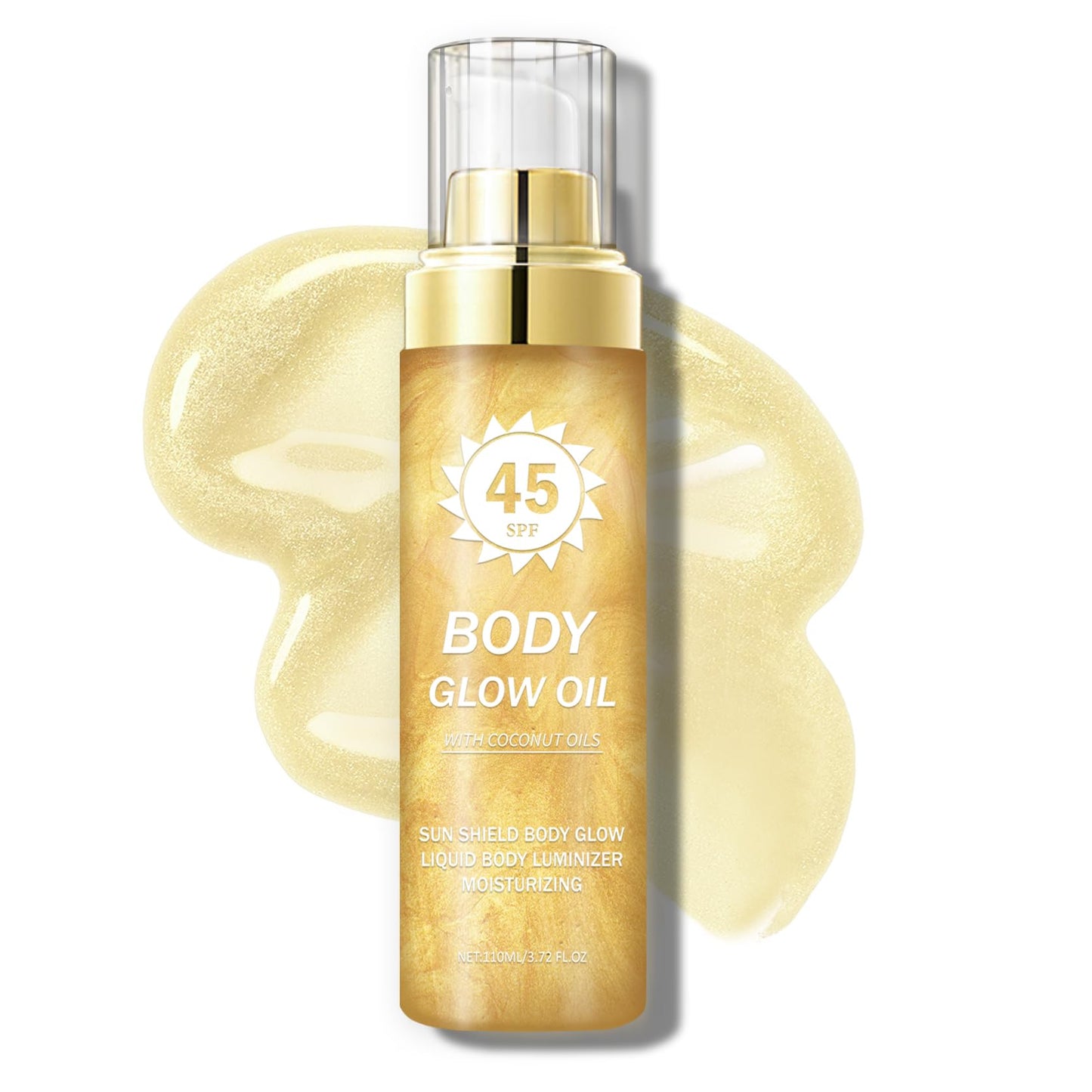 QIUFSSE Body Glow Oil,SPF 45 Broad Spectrum,Body Shimmer Oil with Gold Mica,Glitter Sunscreen with Coconut,Lightweight Non-Stick