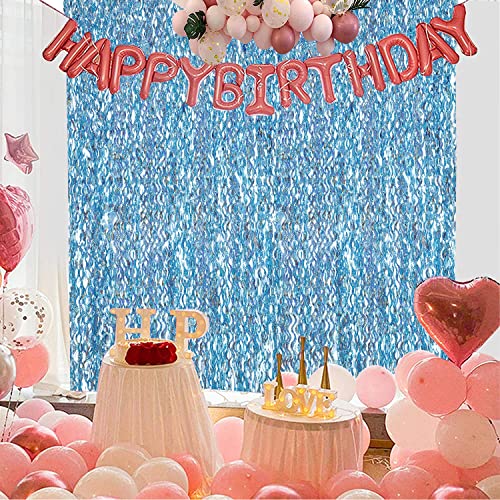 4 Pack Light Blue Party Foil Curtain - CYLMFC 3.3 ft x 6.6 ft Wavy Photo Booth Backdrop Metallic Tinsel Foil Fringe Curtai...
