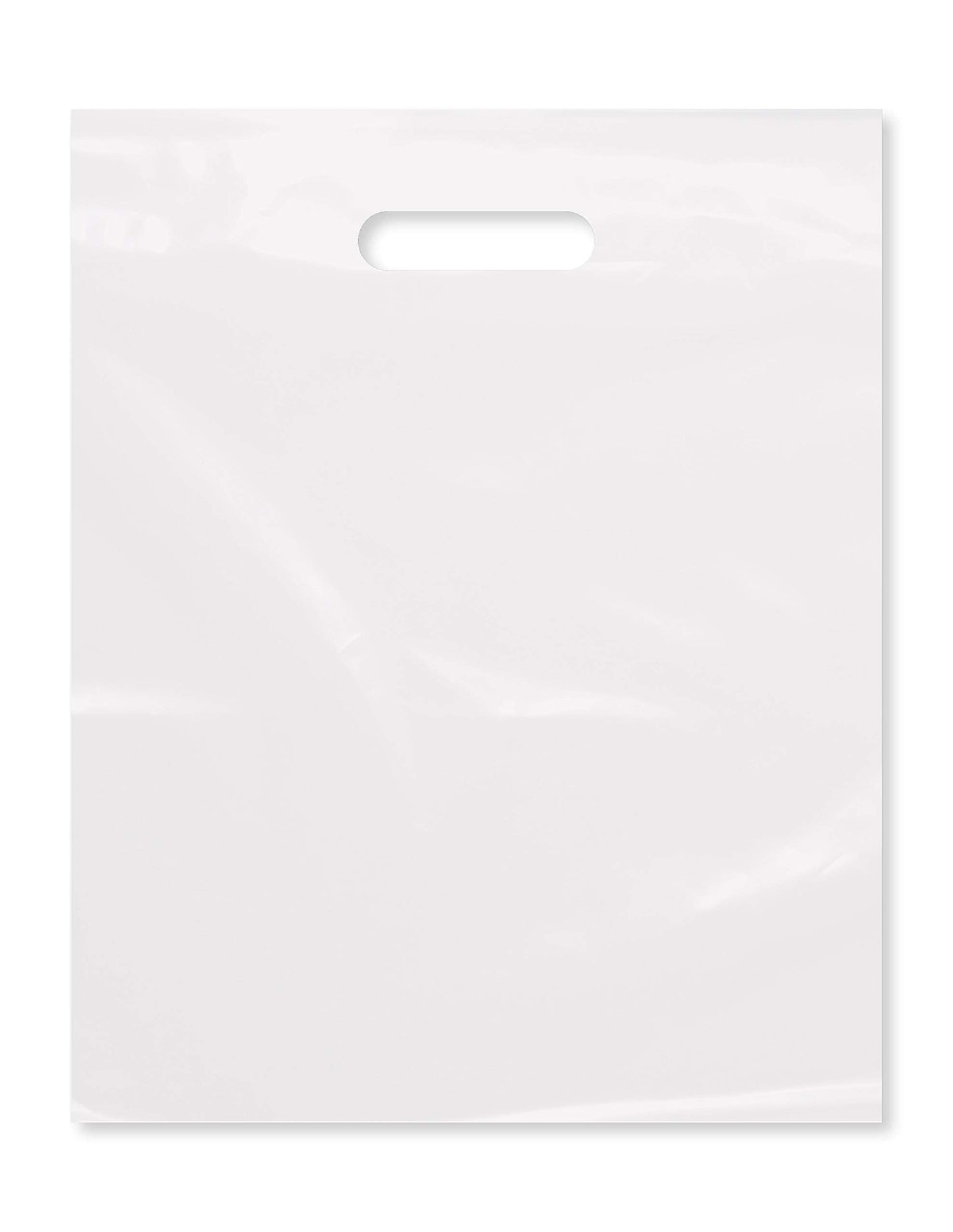 Purple Q Crafts Plastic Bag With Die Cut Handle Bag 12" x 15" White Plastic Merchandise Bags 100 Pack for Retail, Gifts, Trade Show and More