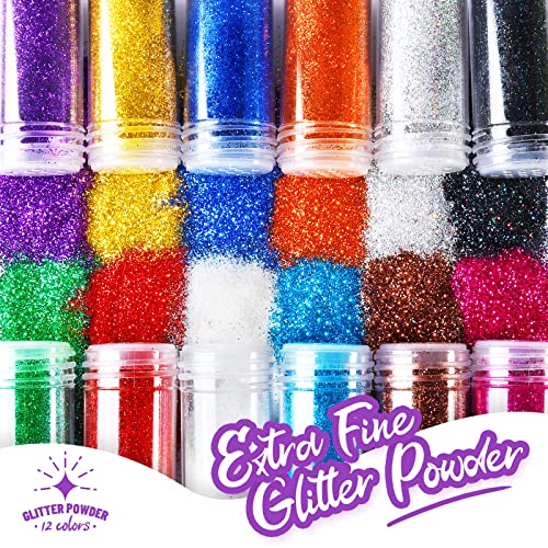 FANDAMEI 12 Pieces Fine Glitter, 12 Colors 10g Glitter Shake Jar Set, Extra Fine Glitter Powder for Arts, Crafts, Paintin...