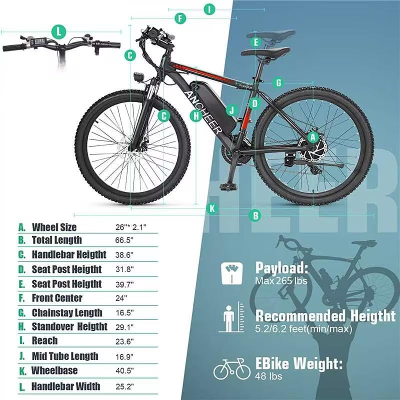 ANCHEER Electric Bike for Adults, Peak 750W Ebike, 3H Fast Charge, 55 Miles, 22MPH Electric Bicycle, 48V 499Wh Battery, 26" Gladiator Electric Mountain Bike, 21Speed, UL2849 Compliant