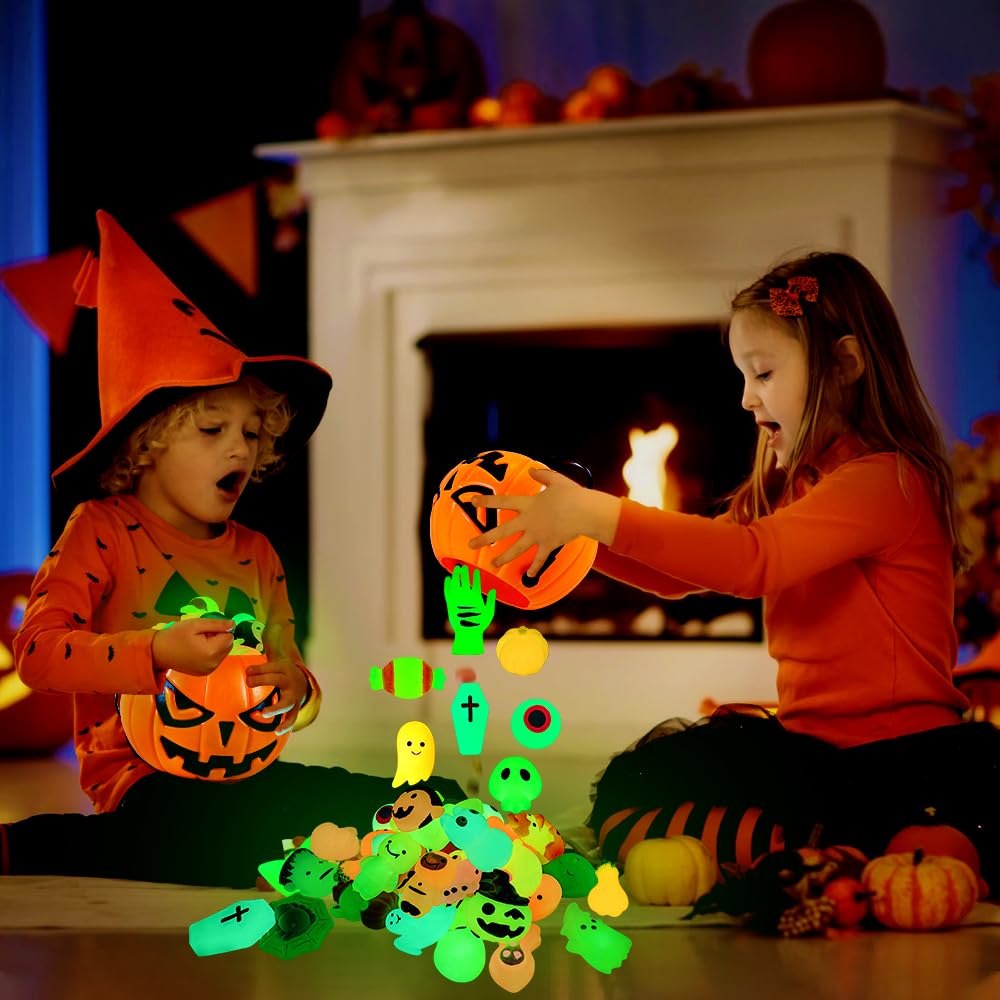 Vellibring 36 PCS Halloween Mochi Squishy Toys with Pumpkin Bucket, Kawaii Squishies Mini Stress Relief Toys Glow in The Dark for Halloween Party Favors Treat Goodie Bags Stuffers for Kids Girls Boys