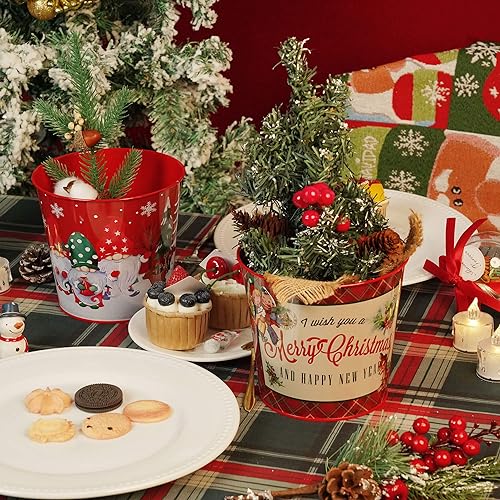 Putuo Decor Christmas Theme Metal Buckets, 5 Pieces Christmas Decorations Round Ice Buckets, Galvanized Small Bucket Pails...