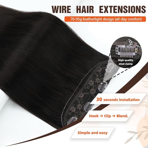 Invisible Wire Hair Extensions Real Human Hair - 20 Inch 80G Natural Black Transparent Fish Line Clip-Ins Hair Piece, 100% Remy Human Hair Extensions for Women