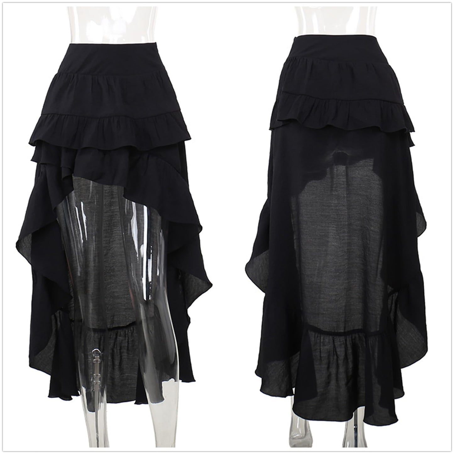 TOMETO STAR Goth Black Long Maxi Skirt for Women Asymmetrical Ruffle Renaissance