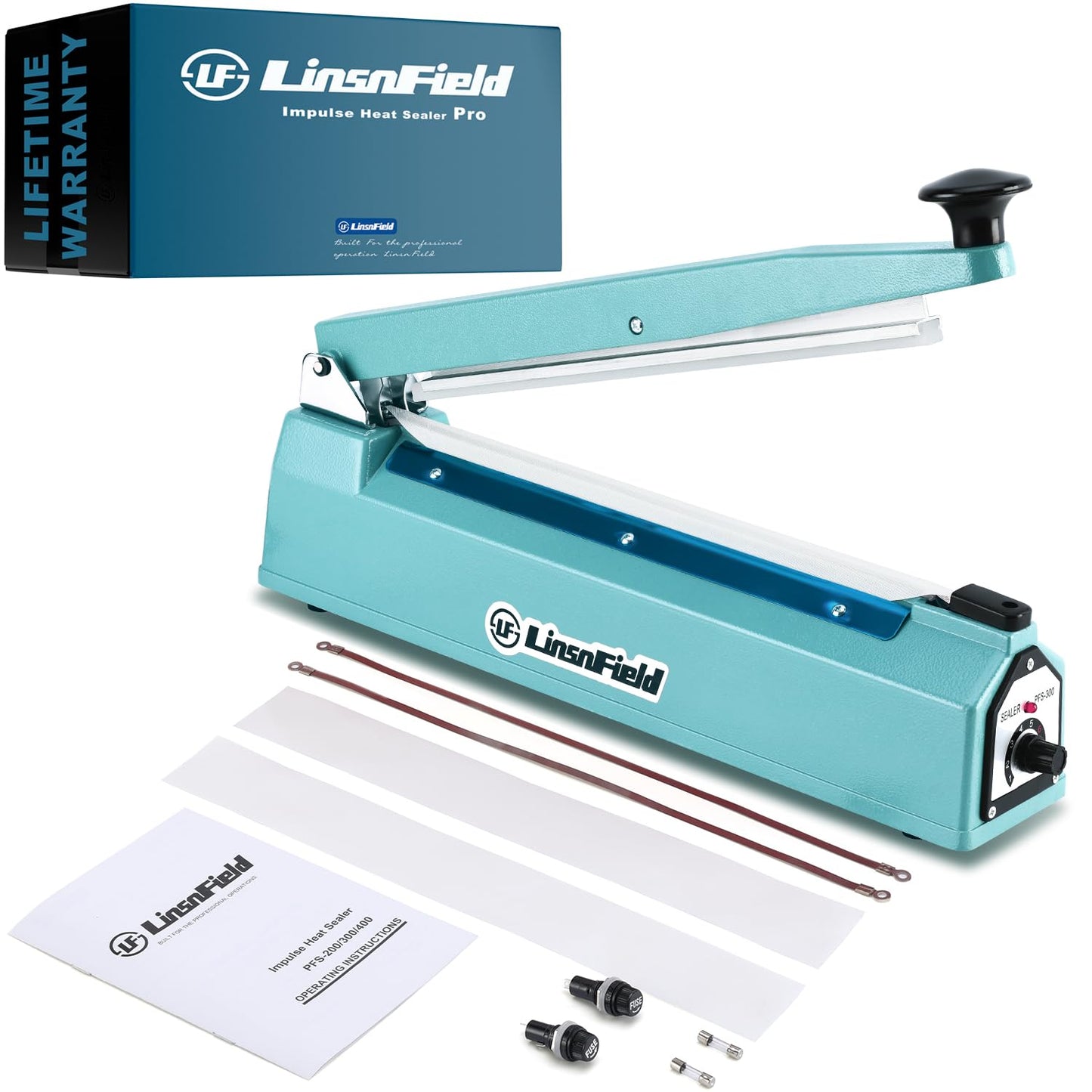 LinsnField Sealer Pro, Patented 8inch Impulse Heat Bag Sealer, 2mm Sealing Width Poly Bag Seal Machine, 2 Replacement Kits 2 Fuses Included, Blue