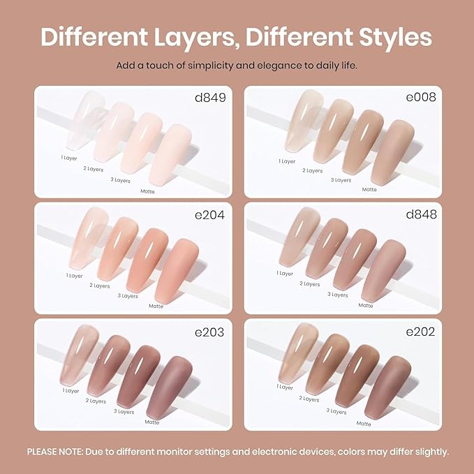 Beetles Jelly Gel Nail Polish Set - 6 Colors Nude Brown Jelly Neutral Gel Polish Kit Sheer Transparent Effect Soak Off UV DIY French Nail Art Manicure Gifts for Women