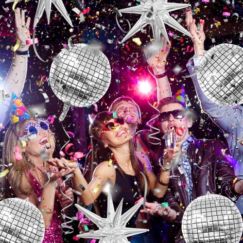 7PCS Silver 4D Foil Disco Balloons with Star Balloons for 70s Disco, Graduation, Birthday & Bridal Shower Decorations - 22...