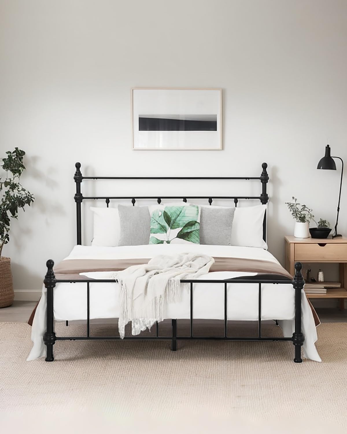 Queen Size Bed Frame, Metal Platform Bed with Straight Headboard, Retro Luxury Roman Column, Easy Set up, No Box Spring Needed, Storage Space Under-Bed（Queen）
