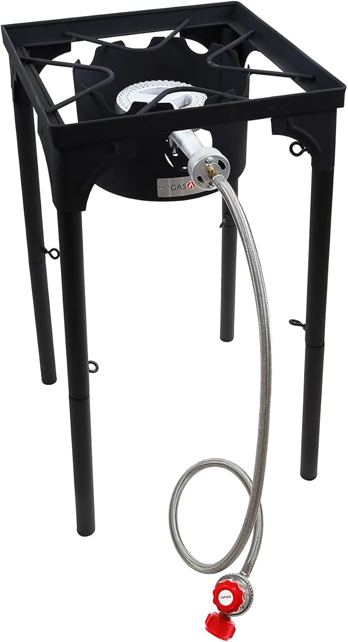 GasOne Propane Single Burner Camp Stove with High Temp Paint & Red QCC Steel Braided Regulator with Height Adjustable Leg