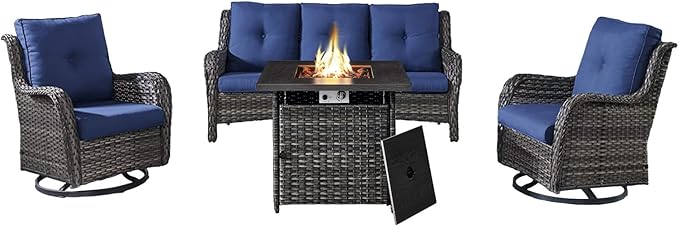 Belord Outdoor Patio Furniture Set with 50000BTU Propane Fire Pit Table, 4 Pieces Wicker Patio Conversation Set with 2 Swivel Rocker Glider Chairs Rattan Sofa Blue Cushion Perfect for Gathering