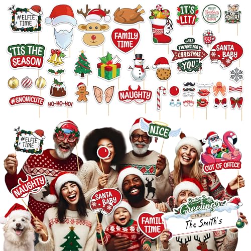 80 PCS Christmas Photo Booth Props Pre Assembled Funny Photo Props for Parties, Holiday Photobooth & Xmas Photoshoot Decor...