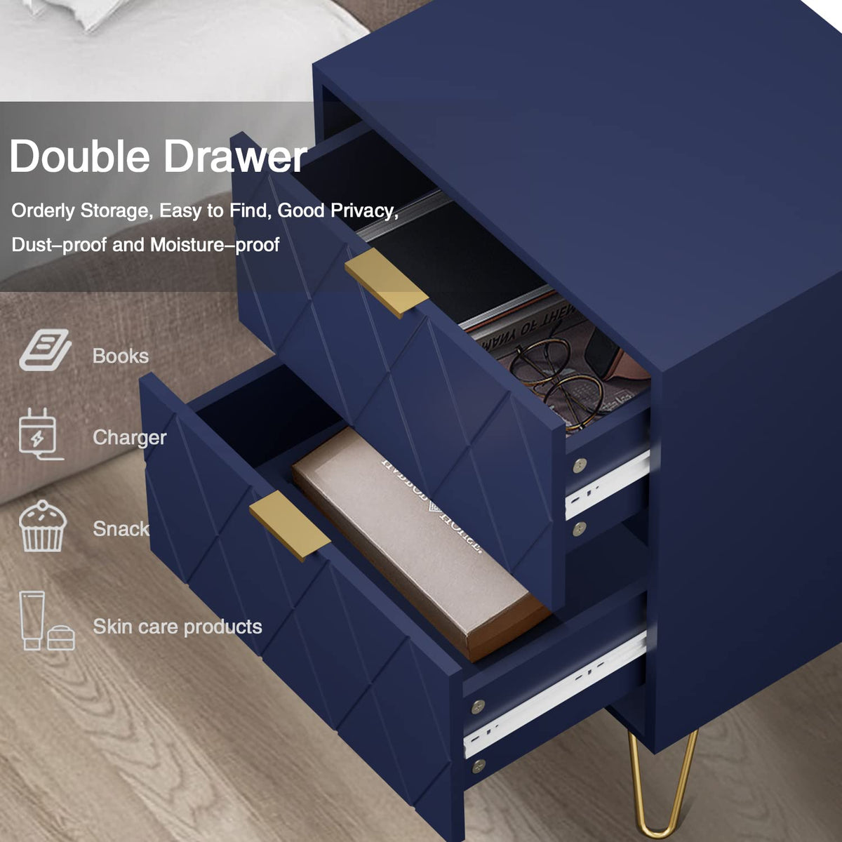 Anbuy Bedroom Sets 3Pcs Navy Blue Modern Nightstand Sets and 9 Drawer Dresser for Bedroom, Two Drawers Nightstand Set of 2 & 9 Drawer Dresser Combo 3 Pieces (Navy Blue)