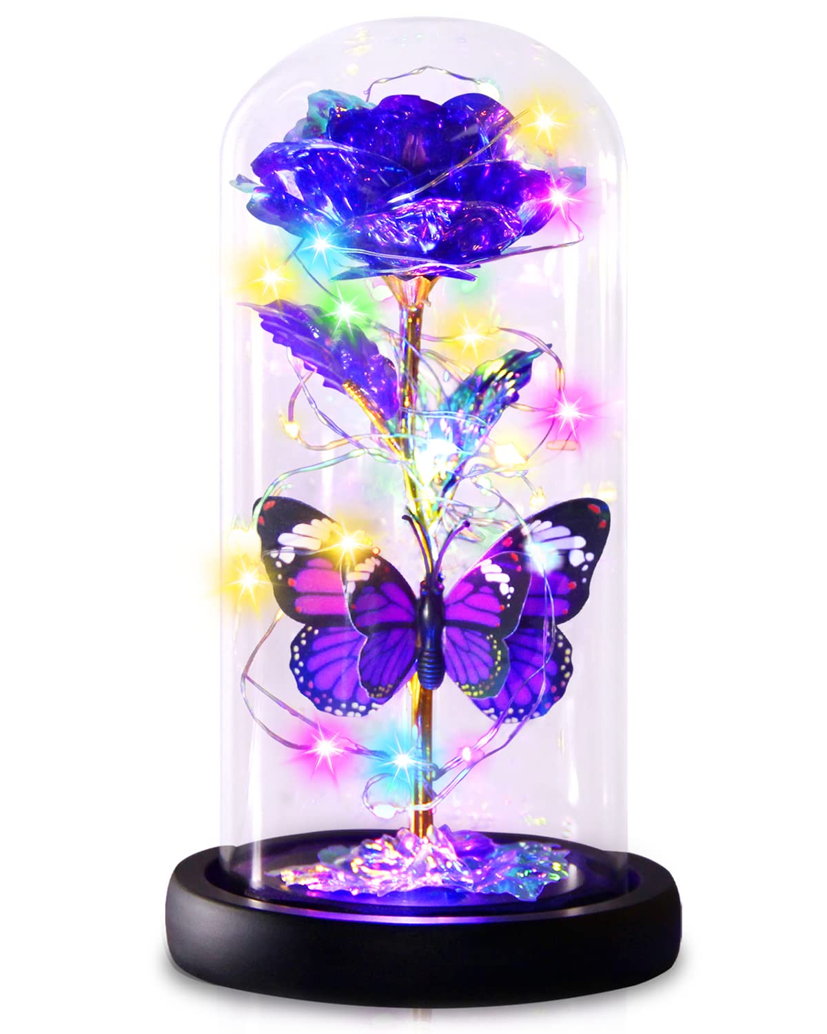 Purple Butterfly Rose Flower Birthday Gifts - Women Gifts for Her Mothers Day Valentines Anniversary Christmas Thanksgiving - Light Up Rose Flower Gifts for Mom Wife Grandma Girlfriend Daughter Sister