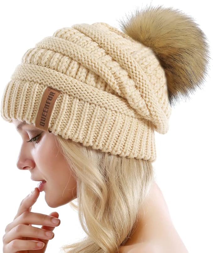 QUEENFUR Women Knit Slouchy Beanie Chunky Baggy Hat with Faux Fur Pompom Winter Soft Warm Ski Cap