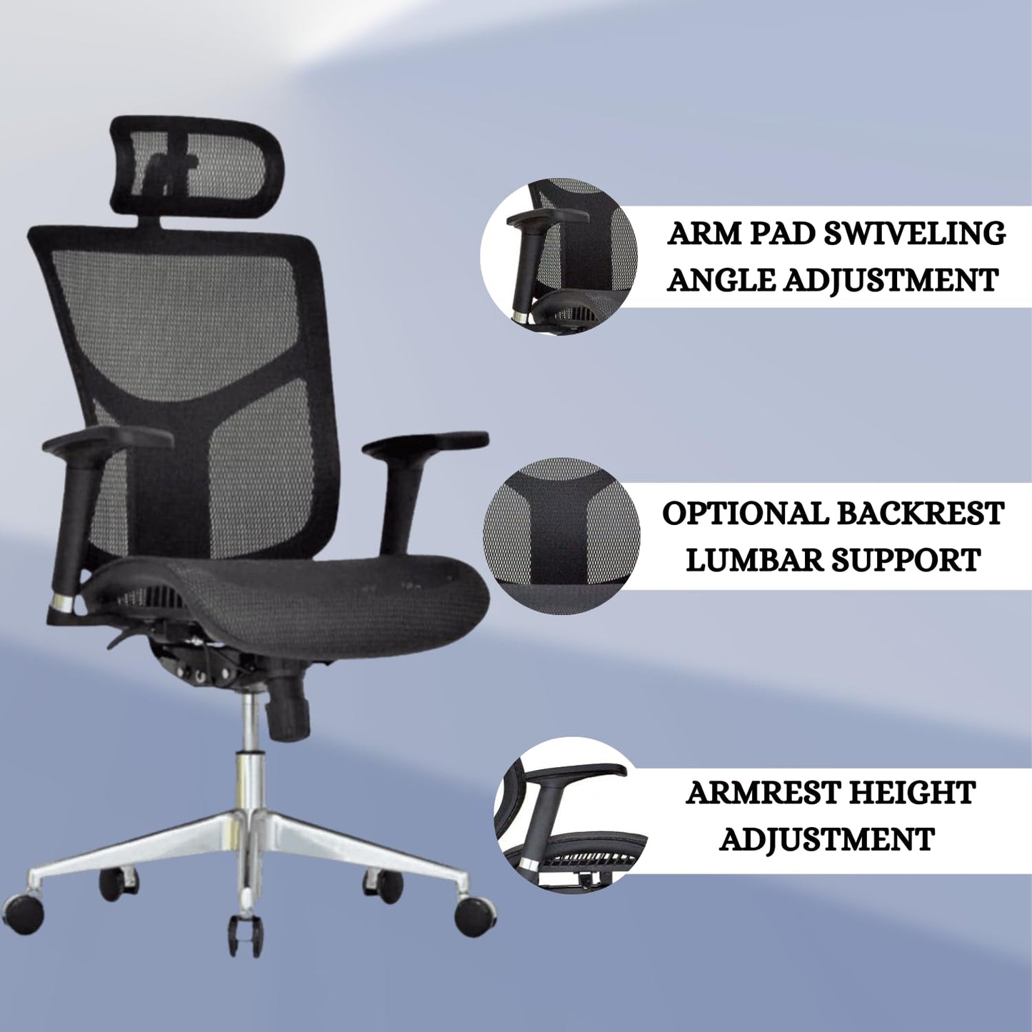 GM Seating Dreem II Ergonomic Office Chair - Mesh Hi Back Executive Desk Chair - Chrome Base with Headrest & Seat Slide - Modern Comfortable Desk Chair for Home & Office - 4D Adjustable Armrest Black