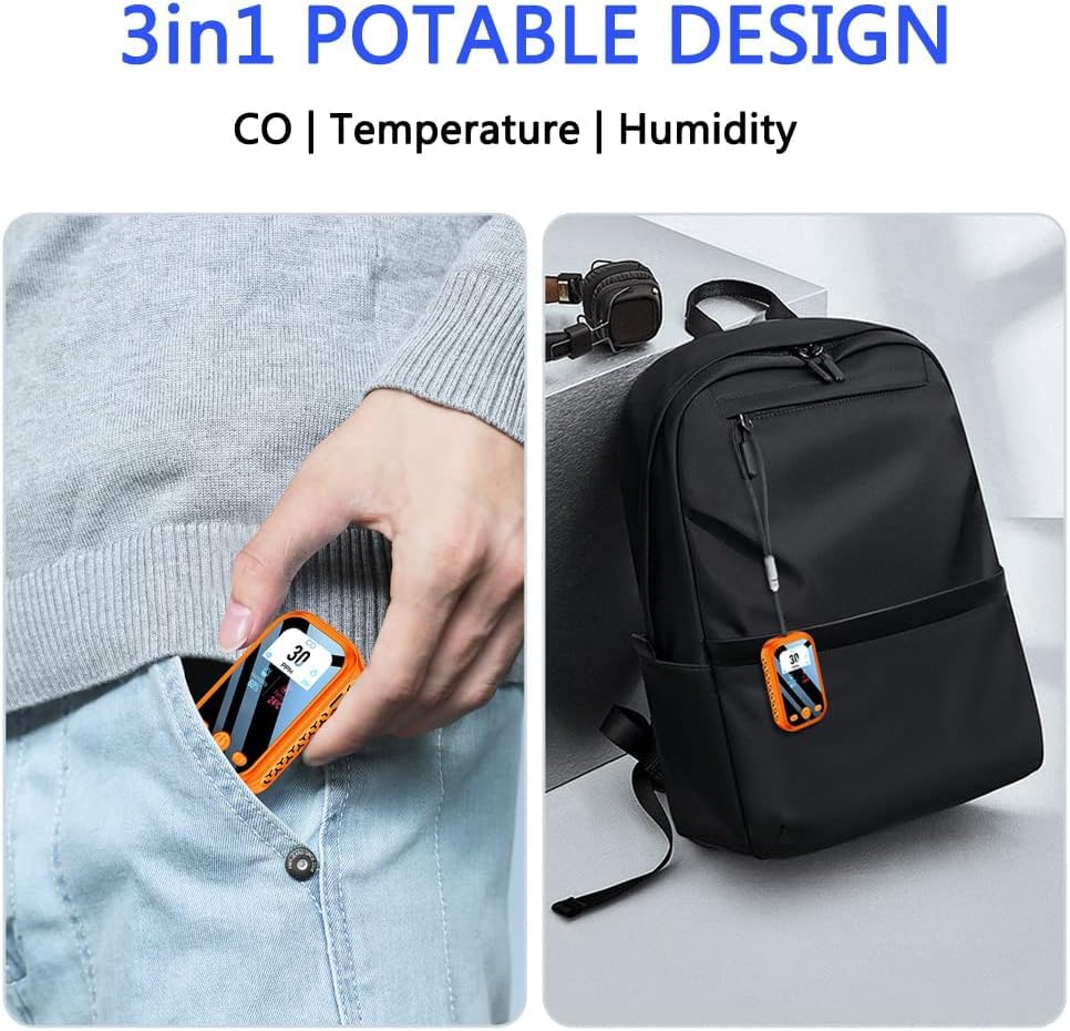 HAKINAKU Travel Carbon Monoxide Detectors 3-in-1 Mini Size Portable CO Detector with Kickstand & Lanyard Built-in 120h Battery [CO Temp Humidity Sensor] for Travel Camping RV Hotel Safety (Orange)