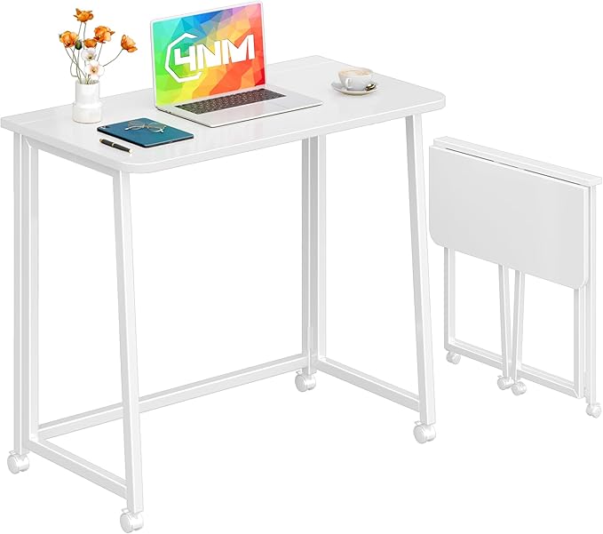 4NM 31.5" Mobile Small Folding Desk, Foldable Rolling Computer Home Office Desk, Study Writing Table for Small Space Saving Bedroom, with Wheels - All White